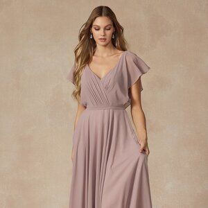 NEW FLOOR LENGTH A-LINE POLYESTER DRESS WITH V-NECK & CASCADE ZIPPER BACK JT 261